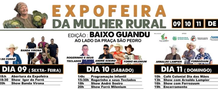 Expofeira da Mulher Rural em Baixo Guandu nos dias 09, 10 e 11 de maio