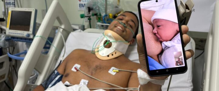 Videochamada permite que policial militar internado no Hospital Estadual Sílvio Avidos conheça a filha recém-nascida